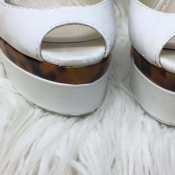 Gucci 2 Tone White Beige Tortoise Peep Toe Wedge Sling Back Sandal READ Sz 37 - Picture 16 of 16